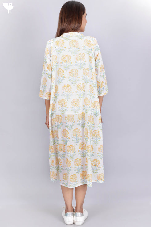 Mulmul Cotton Dress In Floral Block Print